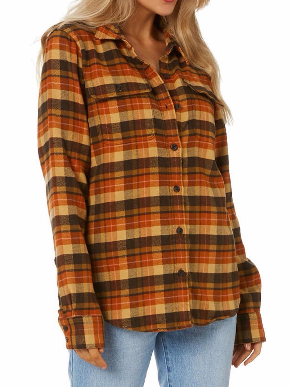 Patagonia Fjord Flannel Shirt Womens Tan Rust Plaid Organic Cotton Button Up M